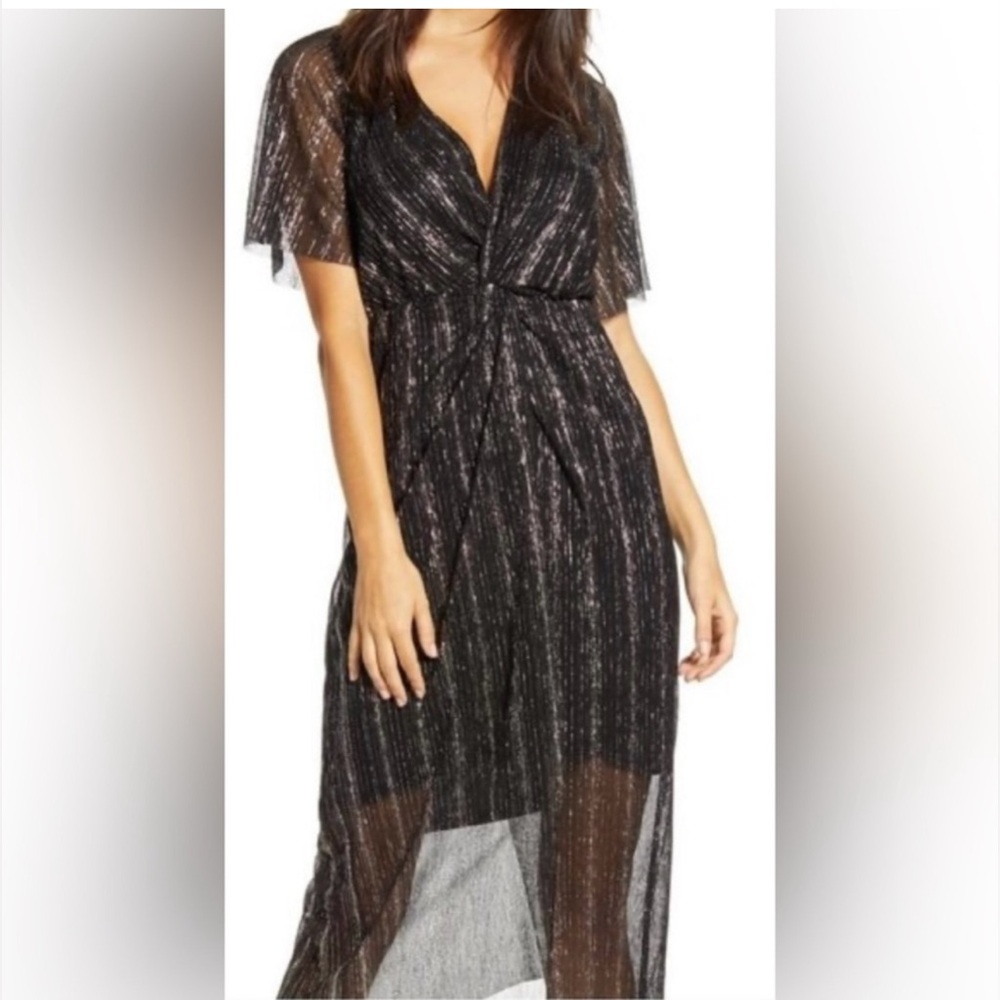 All in Favor L black gold sparkle faux wrap dress
